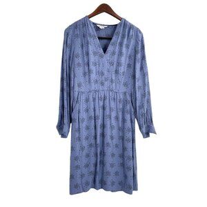Boden V-Neck Carla Blue Printed Long Sleeve Dress Womens Size 6 Pockets Pleated